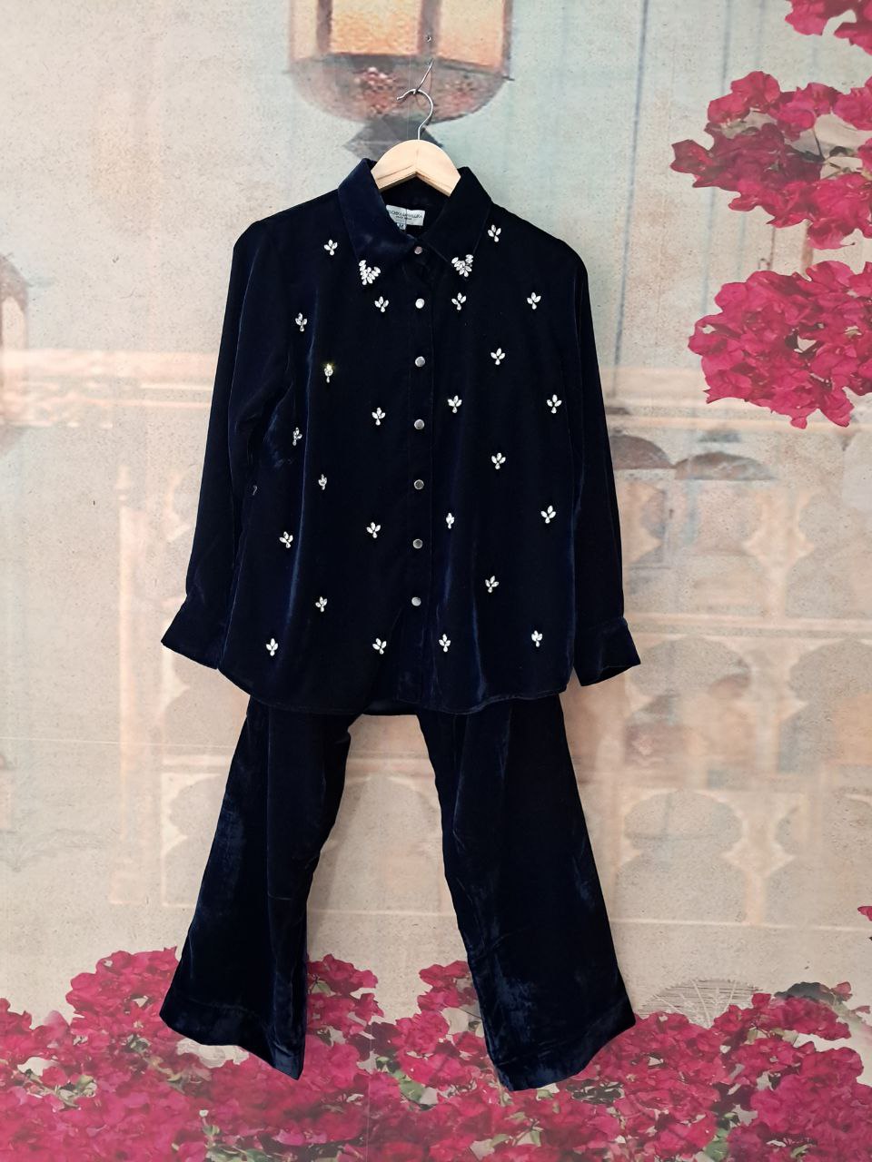 STONE WORK NAVY VELVET CO-ORD SET